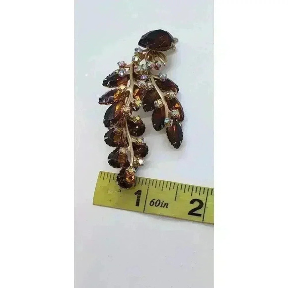 Vintage Brooch Rhinestone Leaf Spray Amber & AB Stones Estate Judy Lee - Picture 10 of 11